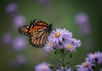 Fototapeta premium Monarch butterfly sips nectar from a cluster of purple aster flowers