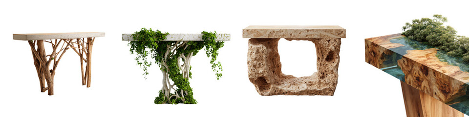 Unique Designer Tables, Natural Materials Isolated on White