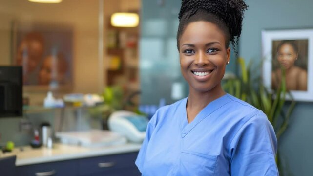 A portrait of a smiling, beautiful health worker, exuding confidence and professionalism. The background hints at a modern, well-lit healthcare environment