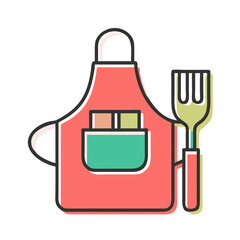 Obraz premium Colorful cooking apron with pocket and spatula, concept of hobby 