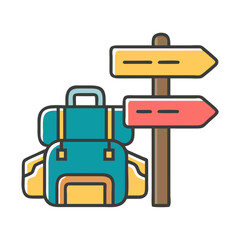 Fototapeta premium Backpack and signpost indicating directions in colorful outdoor style 