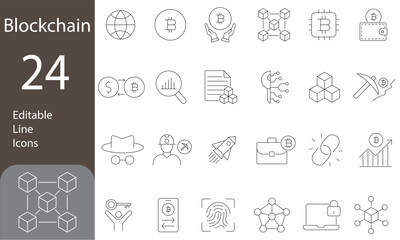 Blockchain Editable Line Icons Set. Technology, mining, e-wallets, distributed, cryptocurrency, and more. Vector illustration