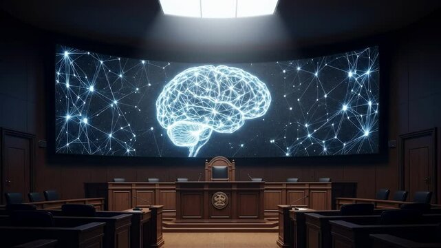Digital projection of a glowing blue brain is displayed on a large screen in an empty traditional courtroom, symbolizing the intersection of neuroscience, technology, and law for legal technology