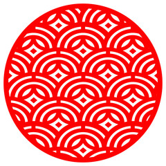 Traditional circular Japanese geometric pattern with red symmetrical arches and diamonds on a white background.