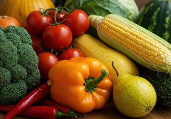 Fresh vegetables and fruits including corn tomatoes peppers broccoli and zucchini