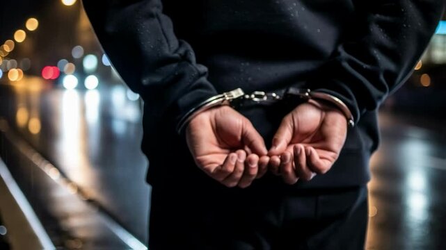 Man with hands cuffed behind his back stands on a wet city street at night, car headlights visible, depicting an arrest, crime, and justice for crime dramas or law enforcement themes