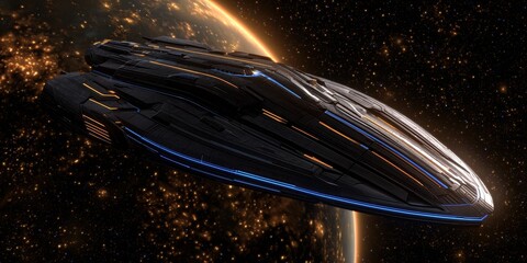 Futuristic spacecraft gliding through a starry cosmic universe