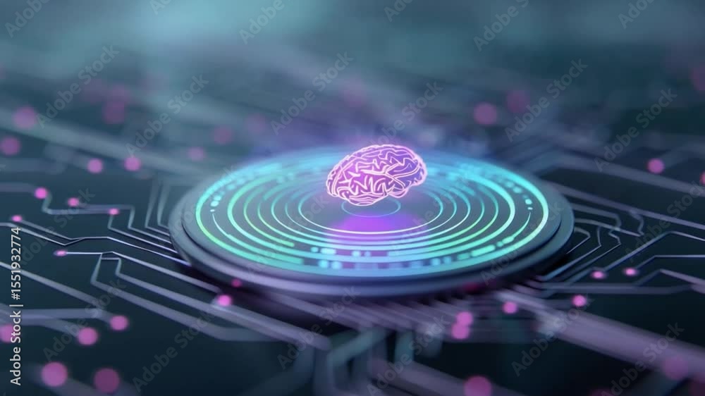 Aufkleber illuminating the mind: a luminous representation of the human brain glows atop a circuit board, symb