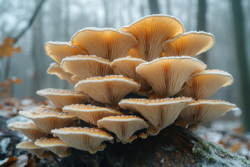 Group of mushrooms growing on tree stump.