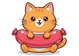 Fototapeta premium Adorable Orange Kitten Cuddling Giant Sausage Kawaii Cartoon Illustration