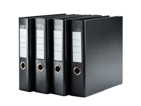 Organizing documents with black binders for office use and storage
