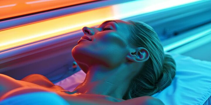 Frau entspannt w&auml;hrend einer Lichttherapiesitzung