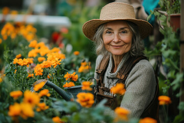 Woman in straw hat smiles at flowers.