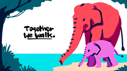 Cute flat vector of elephant and baby elephant with text “Together We Walk”, perfect for family poster, kids room, or educational illustrations.
