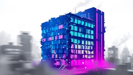 Futuristic Cityscape Neon-Lit Building Illuminated by Vibrant Pink and Blue Lights Against a Blurred Urban Background