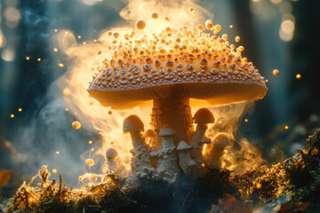 Mushroom with fire in background.