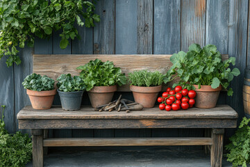 Bunch of tomatoes on bench with potted plants.