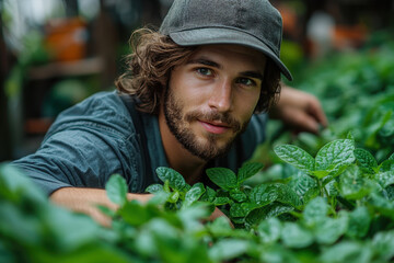 Man in hat gazes at camera over green plant.