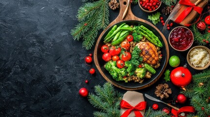 Delicious Christmas Feast with Healthy Greens and Juicy Chicken