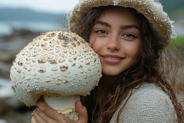 Woman holding mushroom in hands.