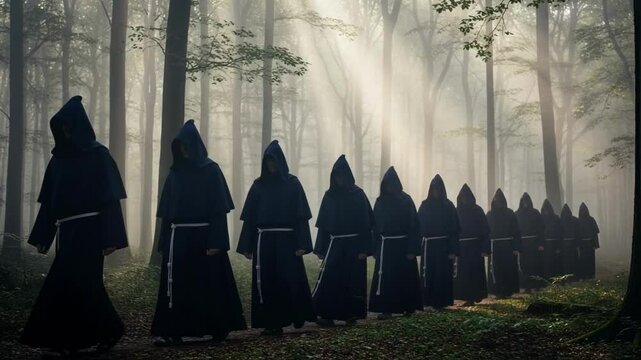 Line of monks in dark hooded robes walk silently through a sun-dappled, misty forest, creating a mysterious and spiritual atmosphere for historical or fantasy narratives and religious themes