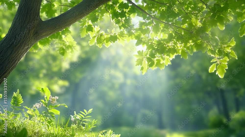 Poster lush canopy and sunlight: a tranquil scene of sunlight streaming through vibrant green leaves, creat