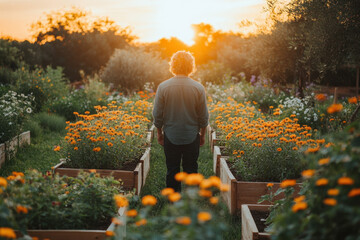 A man walking through a field of flowers.