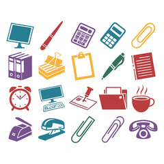 Colorful Office Tools Icon Set – Flat Vector Illustrations of Stationery and Office Equipment.

