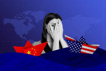 Sketch composite 3D photo collage trend artwork of young lady cover face ship china america world...