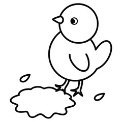 Cute cartoon chick standing next to a puddle and seeds