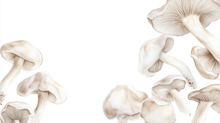 A hand-drawn watercolor frame featuring medicinal mushrooms known for their adaptogenic qualities. This illustration, isolated on a white background