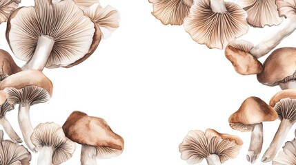 A hand-drawn watercolor frame featuring medicinal mushrooms known for their adaptogenic qualities. This illustration, isolated on a white background