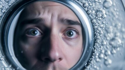 Man's wide-eyed, shocked face gazes through a bubbly, watery porthole, expressing intense surprise or claustrophobic fear, ideal for suspenseful narratives, anxiety, or dramatic reveals
