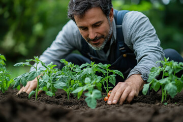 Man tending to tomato plant in garden.