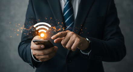 Businessman Using Smartphone with Wireless Network Connection AI Generated Image