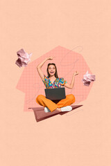 Banner image collage of person use pc fly paper plane with lines shapes on pastel color background