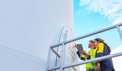 Male technician explains work plan in front entrance door female engineer in wind farm project area while holding laptop ready open door inspect tall wind turbine tower below for maintenance.