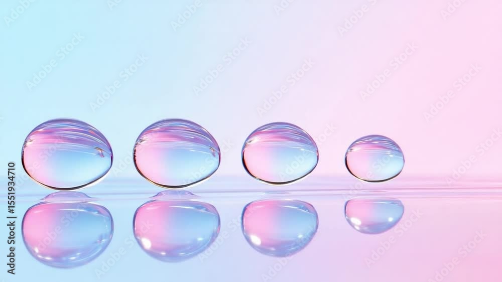 Poster delicate drops: captivating image of four glistening water drops of varying sizes, each reflecting a
