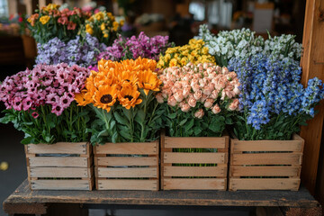 Colorful flowers spill out of a wooden crate.