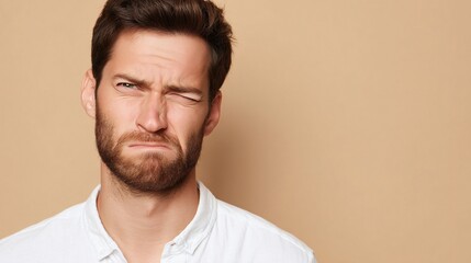Obraz premium Man winking while looking sideways studio portrait photography neutral background close-up emotion expression