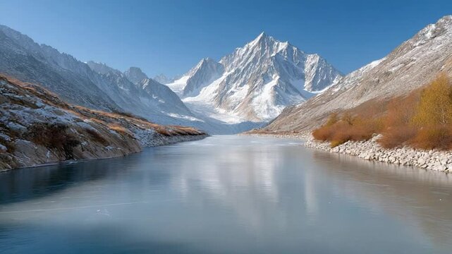 Serene Alpine Lake: A breathtaking panorama unfolds as a placid lake mirrors the majestic snow-capped mountains and a clear, vibrant blue sky.