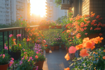 Potted flowers on a wooden balcony railing.