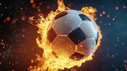 A soccer ball engulfed in bright flames, soaring dynamically against a black background, conveying energy and intensity.
