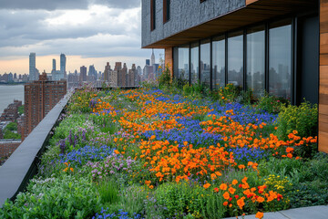 Colorful flowers and plants in a rooftop garden.