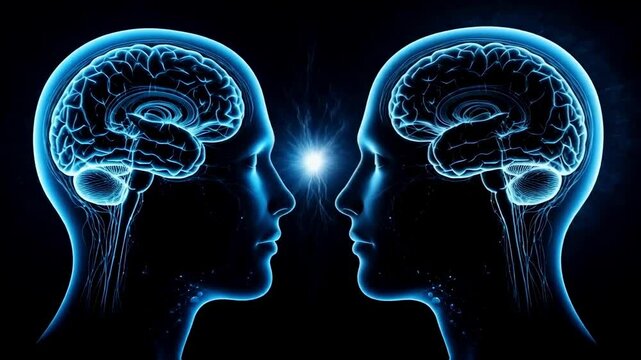 Opposing blue and red glowing brains in profile connect with a spark, representing telepathic communication, neural interface technology, or intellectual synergy for cognitive science