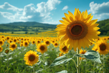 Field of sunflowers under a clear blue sky.