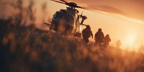 Special Forces Unit Charging Toward Military Helicopter at Sunset