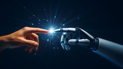 A human hand and a robotic hand reach toward each other, connecting at a glowing point of light, symbolism of humanity and technology