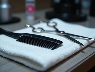 Barber comb and scissors on white towel

