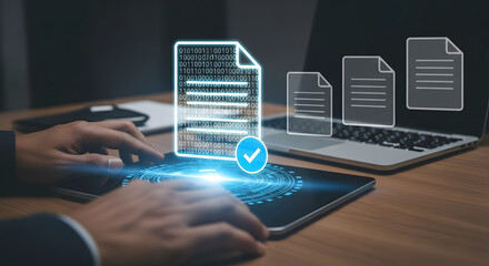 Digital document processing with verified data and multiple files displayed on devices.